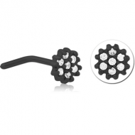 BLACK PVD COATED SURGICAL STEEL 90 DEGREE JEWELLED NOSE STUD - FLOWER PIERCING