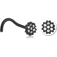 BLACK PVD COATED SURGICAL STEEL CURVED JEWELLED NOSE STUD - FLOWER PIERCING