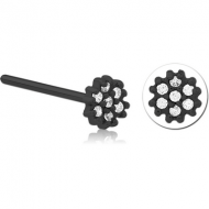 BLACK PVD COATED SURGICAL STEEL STRAIGHT JEWELLED NOSE STUD - FLOWER PIERCING