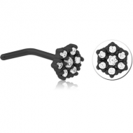 BLACK PVD COATED SURGICAL STEEL 90 DEGREE JEWELLED NOSE STUD - FLOWER PIERCING