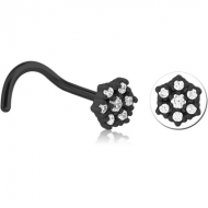 BLACK PVD COATED SURGICAL STEEL CURVED JEWELLED NOSE STUD - FLOWER PIERCING