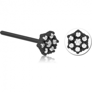 BLACK PVD COATED SURGICAL STEEL STRAIGHT JEWELLED NOSE STUD - FLOWER PIERCING