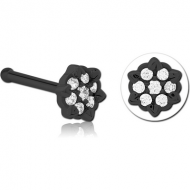 BLACK PVD COATED SURGICAL STEEL JEWELLED NOSE BONE - FLOWER PIERCING