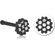 BLACK PVD COATED SURGICAL STEEL JEWELLED NOSE BONE - FLOWER PIERCING