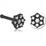 BLACK PVD COATED SURGICAL STEEL JEWELLED NOSE BONE - FLOWER PIERCING