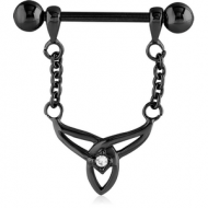 BLACK PVD COATED SURGICAL STEEL JEWELLED NIPPLE SHIELD - TRIQUETRA WITH CHAIN PIERCING