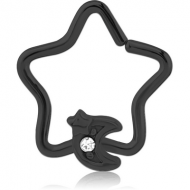 BLACK PVD COATED SURGICAL STEEL JEWELLED OPEN STAR SEAMLESS RING - CRESCENT AND STAR PIERCING