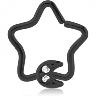 BLACK PVD COATED SURGICAL STEEL JEWELLED OPEN STAR SEAMLESS RING - CRESCENT PRONGS PIERCING