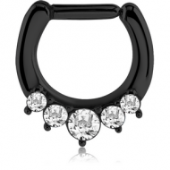 BLACK PVD COATED SURGICAL STEEL ROUND SWAROVSKI CRYSTALS JEWELLED HINGED SEPTUM CLICKER PIERCING
