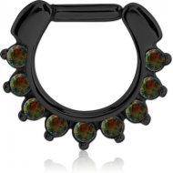 BLACK PVD COATED SURGICAL STEEL ROUND SYNTHETIC OPAL HINGED SEPTUM CLICKER PIERCING