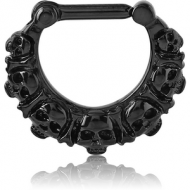 BLACK PVD COATED SURGICAL STEEL HINGED SEPTUM CLICKER - SKULL PIERCING