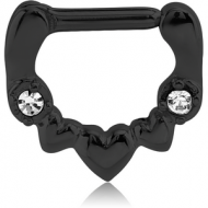 BLACK PVD COATED SURGICAL STEEL JEWELLED HINGED SEPTUM CLICKER - HEART PIERCING