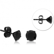 BLACK PVD COATED SURGICAL STEEL ROUND PRONG SET JEWELLED EAR STUDS PAIR