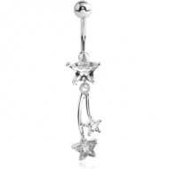 RHODIUM PLATED BRASS JEWELLED STAR NAVEL BANANA WITH FALLING STAR CHARM PIERCING