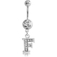 SURGICAL STEEL DOUBLE JEWELLED NAVEL BANANA WITH JEWELLED LETTER CHARM - F