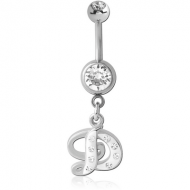 SURGICAL STEEL DOUBLE JEWELLED NAVEL BANANA WITH CRYSTALINE SCRIPT LETTER CHARM - D PIERCING