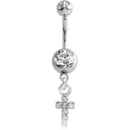 SURGICAL STEEL DOUBLE JEWELLED NAVEL BANANA WITH CROSS CHARM PIERCING