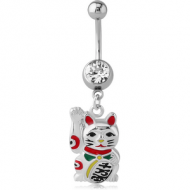 SURGICAL STEEL JEWELLED NAVEL BANANA WITH CHARM - CHINESE CAT