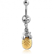 SURGICAL STEEL JEWELLED NAVEL BANANA WITH CHARM - PINEAPPLE PIERCING