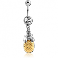 SURGICAL STEEL JEWELLED NAVEL BANANA WITH CHARM - PINEAPPLE