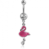 SURGICAL STEEL JEWELLED NAVEL BANANA WITH CHARM FLAMINGO