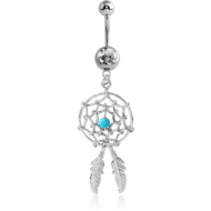 SURGICAL STEEL JEWELLED NAVEL BANANA WITH SILVER PLATED DREAMCATCHER FEATHERS CHARM