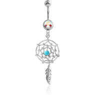 SURGICAL STEEL JEWELLED NAVEL BANANA WITH DREAMCATCHER FEATHER CHARM PIERCING