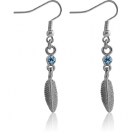RHODIUM PLATED BRASS JEWELLED EARRINGS PAIR - FEATHER