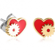 BRASS EARRINGS PAIR WITH ENAMEL - HEART STEAMPUNK