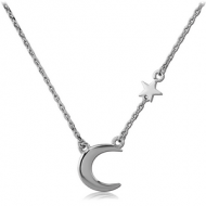 RHODIUM PLATED BRASS NECKLACE WITH PENDANT - CRESCENT AND STAR