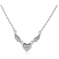 RHODIUM PLATED BRASS NECKLACE WITH JEWELLED PENDANT - HEART WITH WINGS
