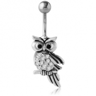 RHODIUM PLATED BRASS JEWELLED NAVEL BANANA - OWL PIERCING