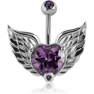 RHODIUM PLATED BRASS JEWELLED NAVEL BANANA - WINGED HEART PIERCING