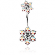 RHODIUM PLATED BRASS JEWELLED NAVEL BANANA - DOUBLE FLOWER PIERCING