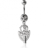 SURGICAL STEEL JEWELLED NAVEL BANANA WITH DANGLING CHARM - LOCK KEY PIERCING