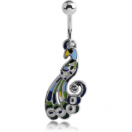 RHODIUM PLATED BRASS JEWELLED NAVEL BANANA WITH ENAMEL - PEACOCK PIERCING