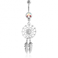 SURGICAL STEEL JEWELLED NAVEL BANANA WITH DANGLING CHARM - DREAMCATCHER FEATHER PIERCING