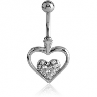 RHODIUM PLATED BRASS JEWELLED NAVEL BANANA - HEART PIERCING