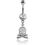 SURGICAL STEEL JEWELLED NAVEL BANANA WITH DANGLING CHARM - SKULL CROSS PIERCING