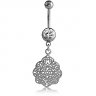 SURGICAL STEEL JEWELLED NAVEL BANANA WITH DANGLING SILVER PLATED CHARM - FLOWER