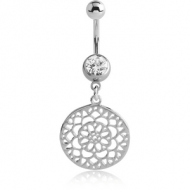 SURGICAL STEEL JEWELLED NAVEL BANANA WITH DANGLING SILVER PLATED CHARM - FLOWER PIERCING