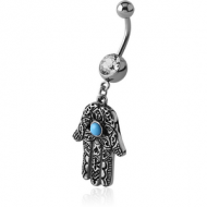 SURGICAL STEEL JEWELLED NAVEL BANANA WITH DANGLING CHARM - HAMSA HAND PIERCING