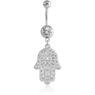 SURGICAL STEEL JEWELLED NAVEL BANANA WITH DANGLING CHARM - HAMSA HAND PIERCING