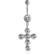 SURGICAL STEEL JEWELLED NAVEL BANANA WITH DANGLING CHARM - CROSS PIERCING