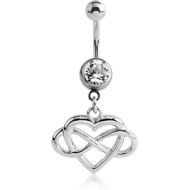 RHODIUM PLATED BRASS JEWELLED NAVEL BANANA WITH DANGLING CHARM - ENTANGLED HEART AND INFINITY PIERCING