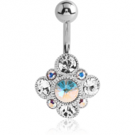 RHODIUM PLATED BRASS JEWELLED NAVEL BANANA - RHOMBUS PIERCING