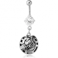 RHODIUM PLATED BRASS JEWELLED NAVEL BANANA WITH DANGLING CHARM - HORSESHOE PIERCING
