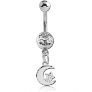 SURGICAL STEEL JEWELLED NAVEL BANANA WITH DANGLING CHARM - CRESCENT AND STAR PIERCING