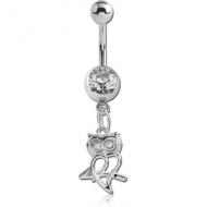 SURGICAL STEEL JEWELLED NAVEL BANANA WITH DANGLING CHARM - OWL PIERCING