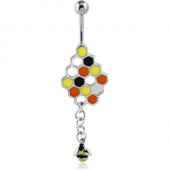RHODIUM PLATED BRASS ENAMEL BEEHIVE NAVEL BANANA WITH DANGLING CHARM - BEE PIERCING